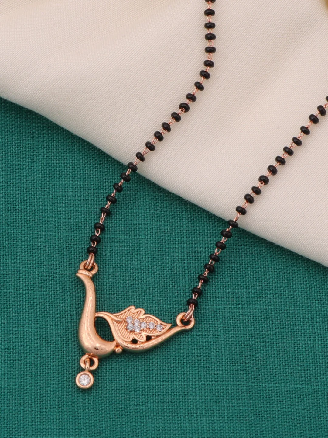 Rose Gold Peacock Mangalsutra Necklace with Black Beads and Cubic Zirconia Pendant for Women Traditional Indian Mangalsutra Jewellery Daily Wear Bridal Ethnic Chain image 1