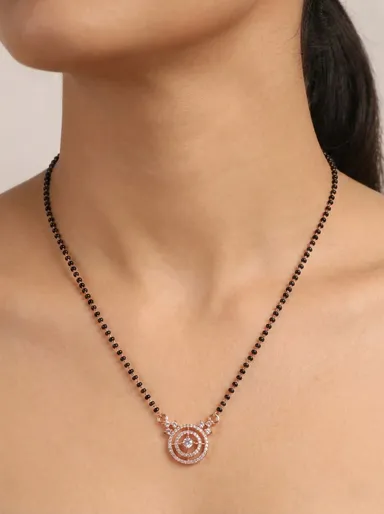 Traditional Black Bead Mangalsutra Necklace for Women Rose Gold Plated CZ Diamond Pendant Mangalsutra Chain Indian Bridal Jewellery Daily Wear Mangalsutra Necklace thumbnail 4