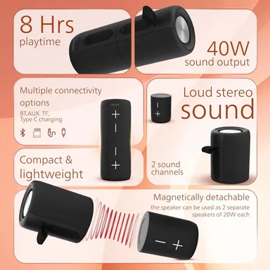 Philips TAS4400BK/94 Wireless Bluetooth Speaker, 40W, 8H Playtime, 52mm Driver, IPX4 Resistant, LED Indicator, 3600mAh Battery, USB-C Charging, TWS/AUX/TF Input thumbnail 1