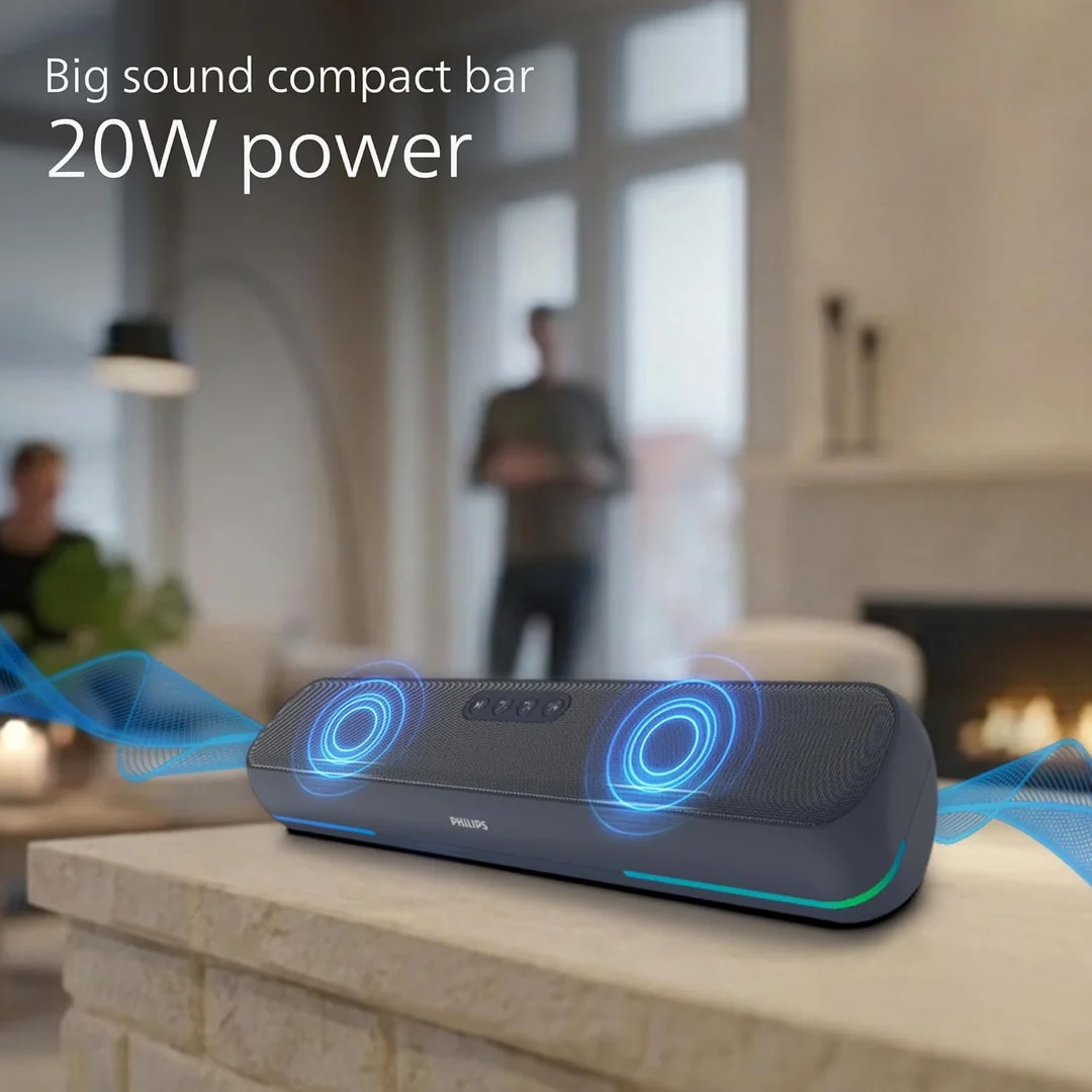 Philips TAB4120BL/94 Wireless Bluetooth Soundbar, 20W, 8H Playtime, Bluetooth 5.1, TWS Mode, RGB Light, LED Indicator, Built-in Mic, Voice Assistant, AUX/USB/TF Card Input, (Sky Blue) image 2