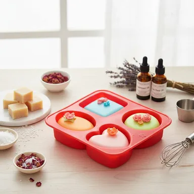 4 in 1 Silicone Soap Making Mold – Red Heart Round Square Oval Resin & Chocolate Mould Tray thumbnail 1