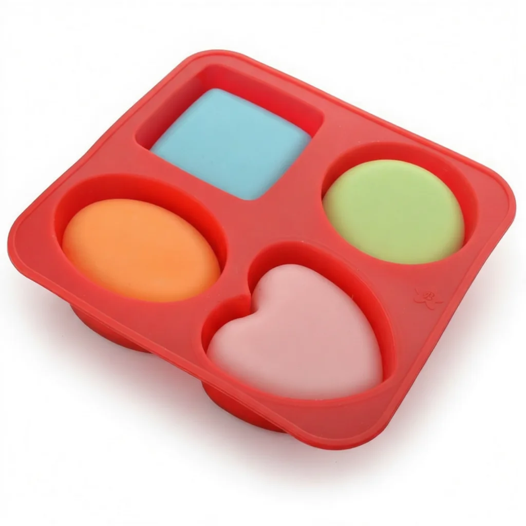 Food Grade Red Silicone Soap & Resin Mold – 4 Cavity Heart and Round Shape Baking & Craft Mouldal & Square Soap Making Mould, BPA Free DIY Resin & Chocolate Mold image 2