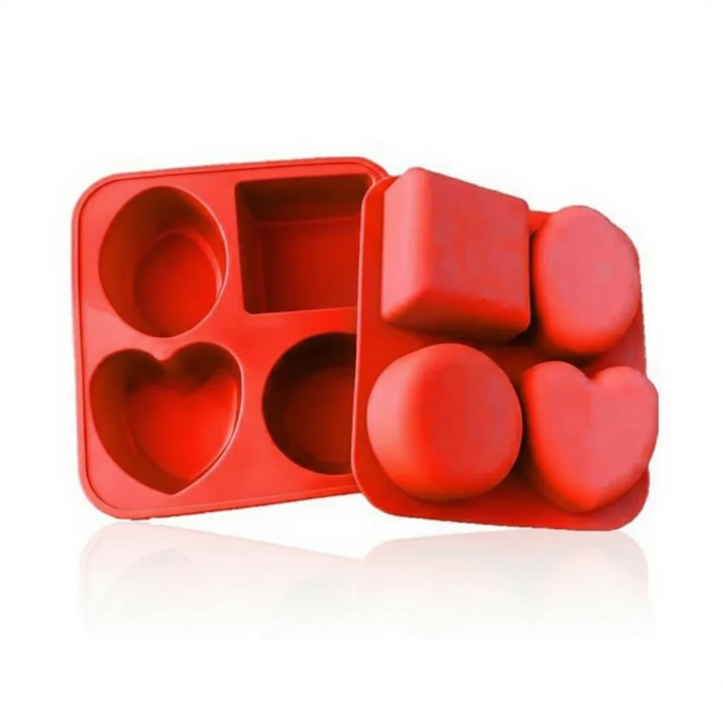 Food Grade Red Silicone Soap & Resin Mold – 4 Cavity Heart and Round Shape Baking & Craft Mouldal & Square Soap Making Mould, BPA Free DIY Resin & Chocolate Mold image 3