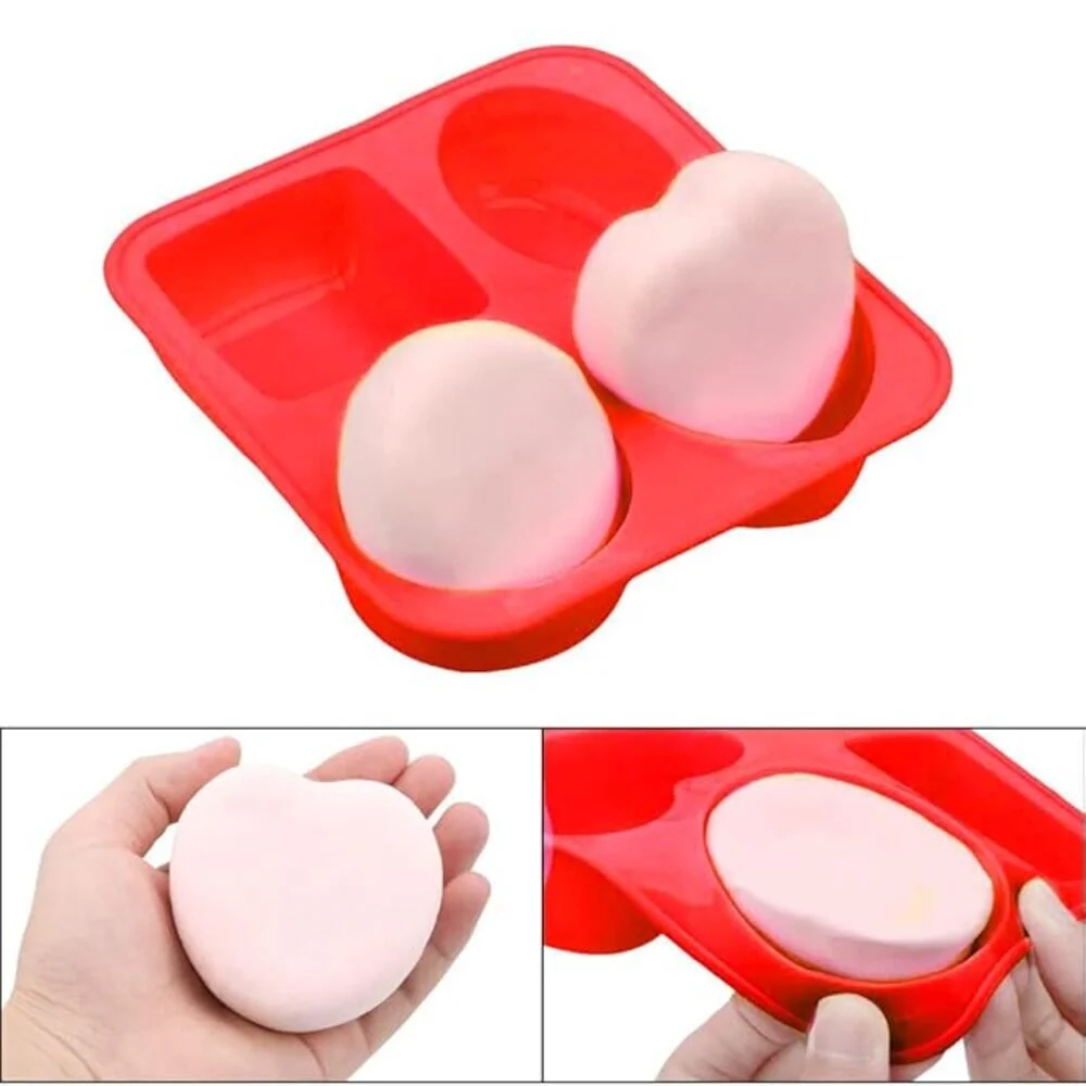 Multipurpose Red Silicone Soap Mold – 4 Cavity Square, Oval, Round & Heart DIY Soap Making Mould image 5