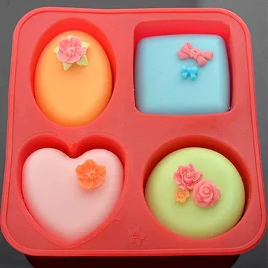 Multipurpose Red Silicone Soap Mold – 4 Cavity Square, Oval, Round & Heart DIY Soap Making Mould thumbnail 3
