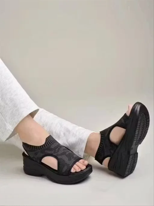 Women Breathable Knit Sports Sandals Lightweight Platform Walking Sandals Anti Slip Thick Sole Comfort Casual Summer Sandals Open Toe Stretch Fabric Slip On Sandals for Women Women Breathable Knit Sports Sandals Lightweight Platform Walking Sandals Anti S image 3
