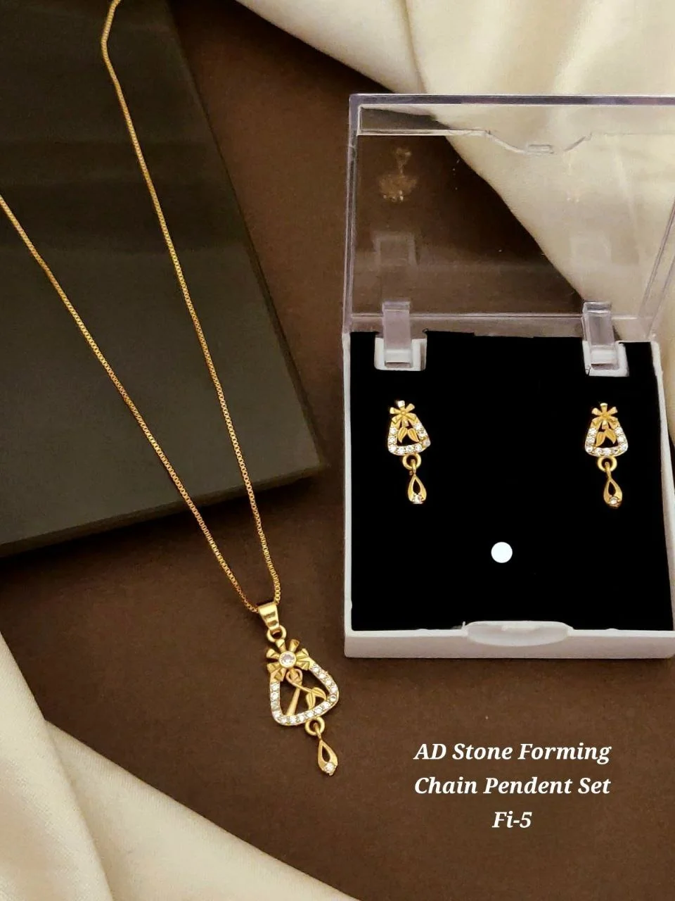 AD Stone Forming Gold Plated Pendant Chain Necklace Set for Women Designer Triangle Pendant Jewellery Set with Matching Earrings Party Wear Fashion Jewellery India image 2