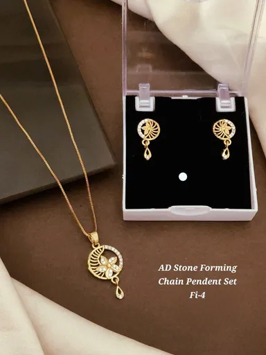 AD Stone Forming Gold Plated Pendant Chain Necklace Set for Women Designer Triangle Pendant Jewellery Set with Matching Earrings Party Wear Fashion Jewellery India thumbnail 2
