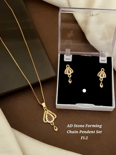 AD Stone Forming Gold Plated Pendant Chain Necklace Set for Women Designer Triangle Pendant Jewellery Set with Matching Earrings Party Wear Fashion Jewellery India thumbnail 5