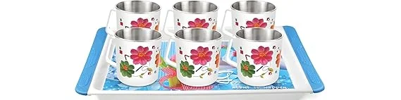 Stainless Steel Double Wall Insulated Tea and Coffee Mug Set of 6 with Designer Floral Print and Matching Serving Tray for Home and Office Kitchen image 2