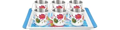 Stainless Steel Double Wall Insulated Tea and Coffee Mug Set of 6 with Designer Floral Print and Matching Serving Tray for Home and Office Kitchen thumbnail 1
