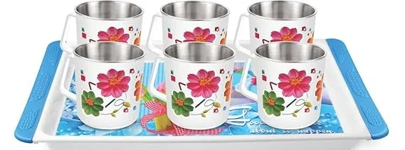 Stainless Steel Double Wall Insulated Tea and Coffee Mug Set of 6 with Designer Floral Print and Matching Serving Tray for Home and Office Kitchen image 1
