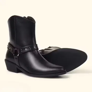Women Black Ankle Length Leather Boots with Side Zipper Strap Stud Detail Low Heel Casual Winter Riding Boots Stylish Ladies Party Fashion Boots Women Black Ankle Length Leather Boots with Side Zipper Strap Stud Detail Low Heel Casual Winter Riding Boots  thumbnail 1