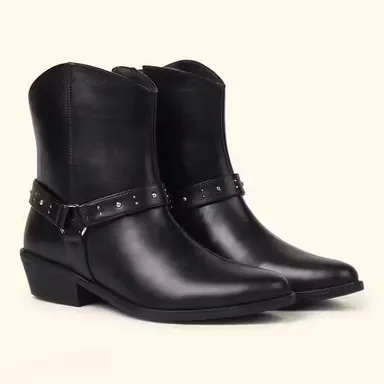 Women Black Ankle Length Leather Boots with Side Zipper Strap Stud Detail Low Heel Casual Winter Riding Boots Stylish Ladies Party Fashion Boots Women Black Ankle Length Leather Boots with Side Zipper Strap Stud Detail Low Heel Casual Winter Riding Boots  thumbnail 2