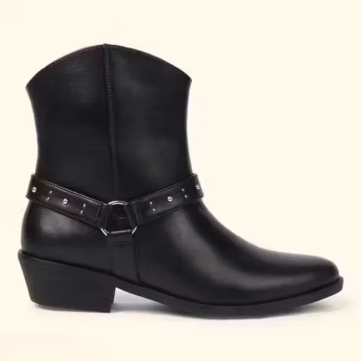 Women Black Ankle Length Leather Boots with Side Zipper Strap Stud Detail Low Heel Casual Winter Riding Boots Stylish Ladies Party Fashion Boots Women Black Ankle Length Leather Boots with Side Zipper Strap Stud Detail Low Heel Casual Winter Riding Boots image 4