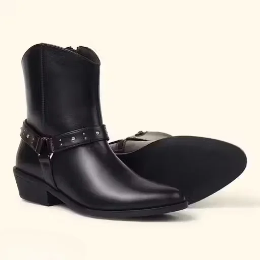 Women Black Ankle Length Leather Boots with Side Zipper Strap Stud Detail Low Heel Casual Winter Riding Boots Stylish Ladies Party Fashion Boots Women Black Ankle Length Leather Boots with Side Zipper Strap Stud Detail Low Heel Casual Winter Riding Boots image 2