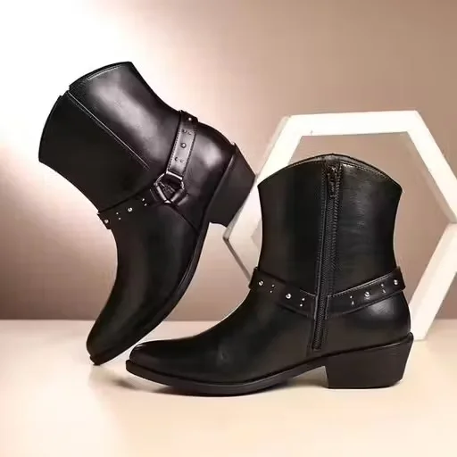 Women Black Ankle Length Leather Boots with Side Zipper Strap Stud Detail Low Heel Casual Winter Riding Boots Stylish Ladies Party Fashion Boots Women Black Ankle Length Leather Boots with Side Zipper Strap Stud Detail Low Heel Casual Winter Riding Boots image 1