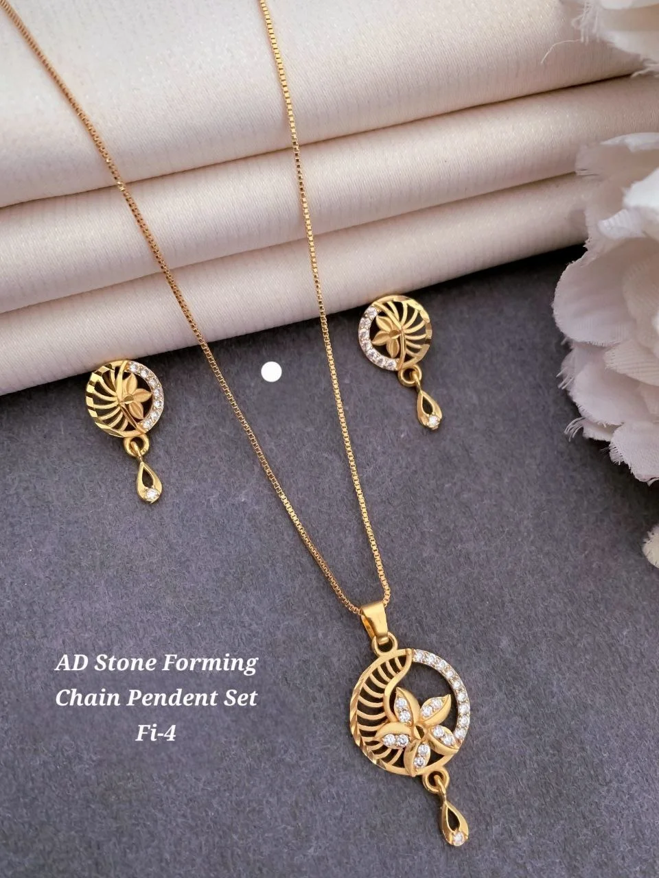 AD Stone Forming Gold Plated Pendant Chain Necklace Set for Women Designer Crystal Pendant Jewellery Set with Matching Earrings Party Wear Fashion Jewellery India image 2