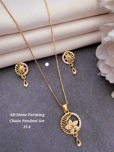 AD Stone Forming Gold Plated Pendant Chain Necklace Set for Women Designer Crystal Pendant Jewellery Set with Matching Earrings Party Wear Fashion Jewellery India thumbnail 1