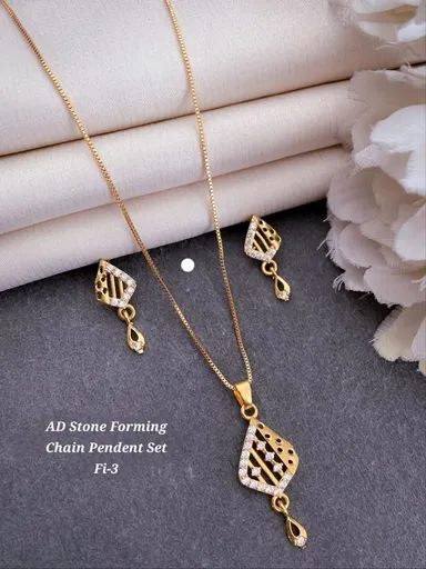 AD Stone Forming Gold Plated Pendant Chain Necklace Set for Women Designer Crystal Pendant Jewellery Set with Matching Earrings Party Wear Fashion Jewellery India thumbnail 3