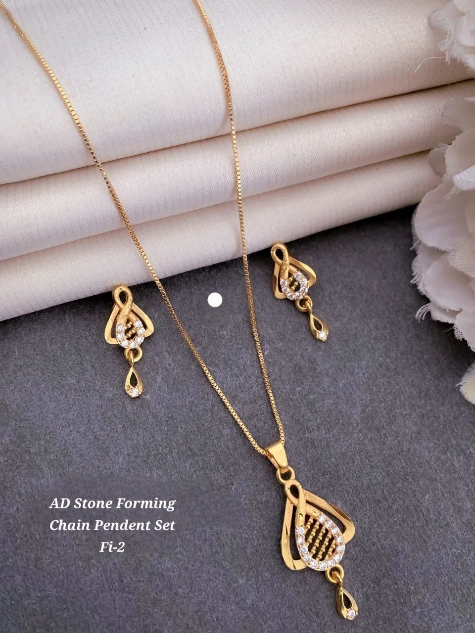 AD Stone Forming Gold Plated Pendant Chain Necklace Set for Women Designer Crystal Pendant Jewellery Set with Matching Earrings Party Wear Fashion Jewellery India image 5