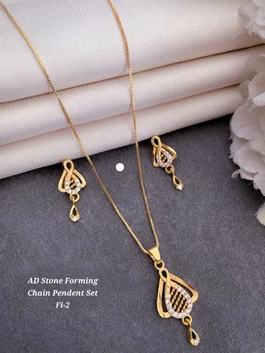 AD Stone Forming Gold Plated Pendant Chain Necklace Set for Women Designer Crystal Pendant Jewellery Set with Matching Earrings Party Wear Fashion Jewellery India thumbnail 4