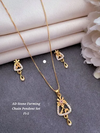AD Stone Forming Gold Plated Pendant Chain Necklace Set for Women Designer Crystal Pendant Jewellery Set with Matching Earrings Party Wear Fashion Jewellery India thumbnail 5
