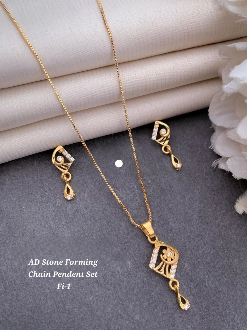 AD Stone Forming Gold Plated Pendant Chain Necklace Set for Women Designer Crystal Pendant Jewellery Set with Matching Earrings Party Wear Fashion Jewellery India image 1