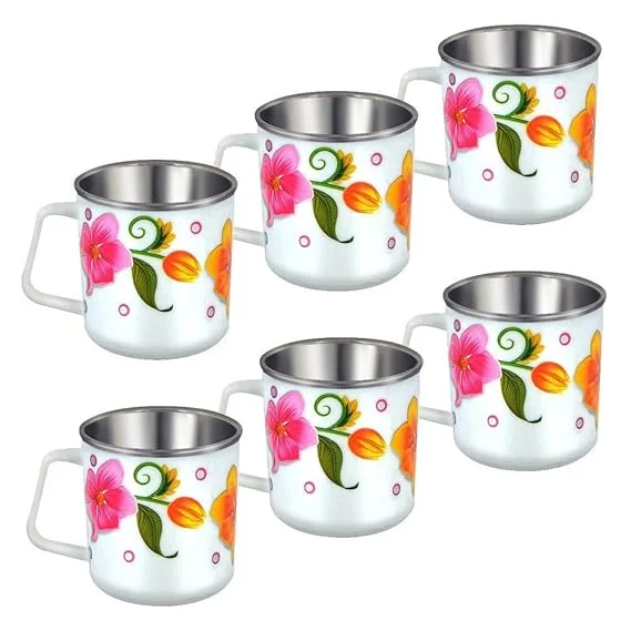 Insulated Glossy Finish Steel Tea Cups with Vibrant Flower Design for Home and Office image 1