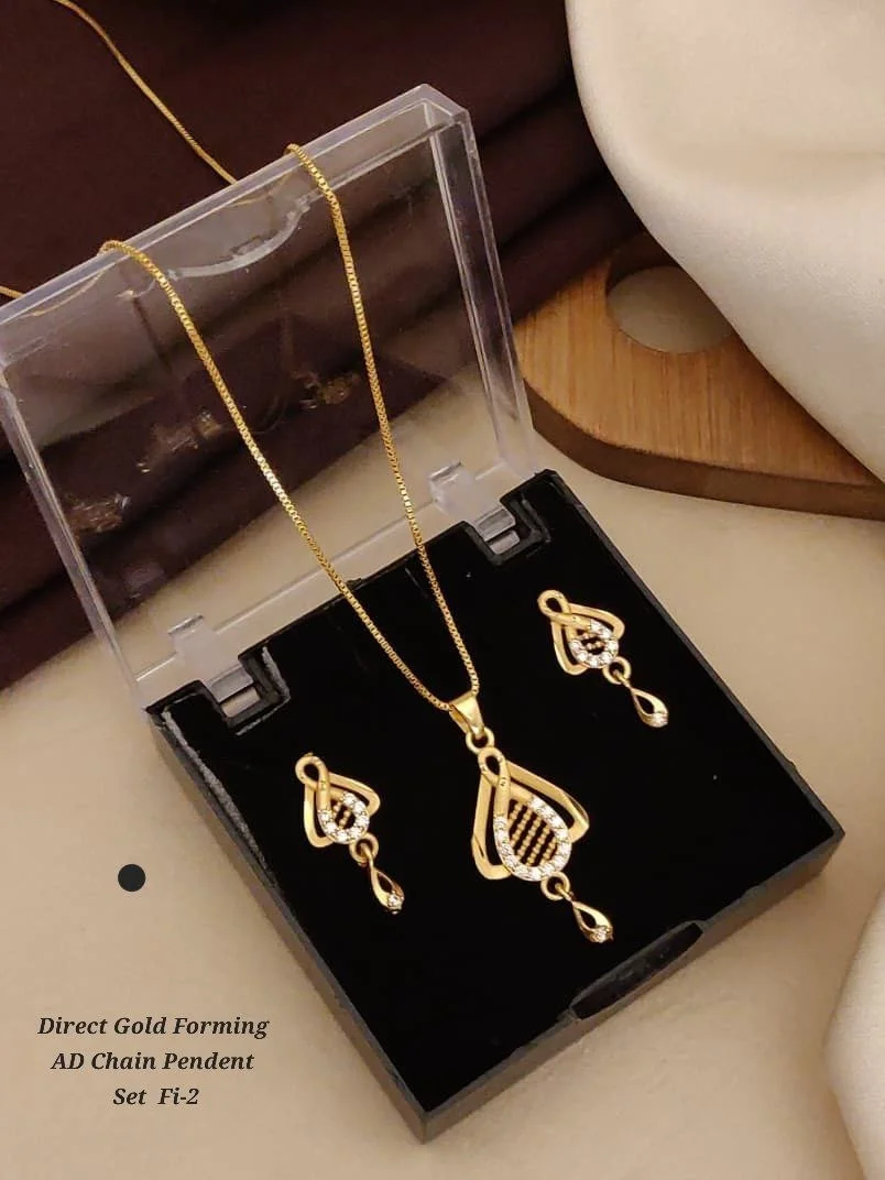 Direct Gold Forming AD Stone Pendant Chain Necklace Set for Women Designer Triangle Crystal Pendant Jewellery Set with Matching Earrings Party Wear Fashion Jewellery India image 3