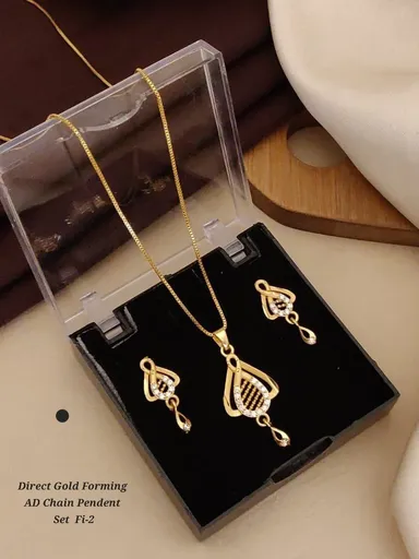 Direct Gold Forming AD Stone Pendant Chain Necklace Set for Women Designer Triangle Crystal Pendant Jewellery Set with Matching Earrings Party Wear Fashion Jewellery India thumbnail 2