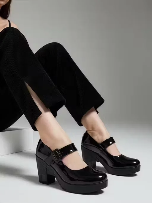 Women Patent Leather Mary Jane Block Heel Platform Pumps Black Glossy Formal Party Office High Heel Shoes Round Toe Buckle Strap Platform Heels for Women Women Patent Leather Mary Jane Block Heel Platform Pumps Black Glossy Formal Party Office High Heel S image 1