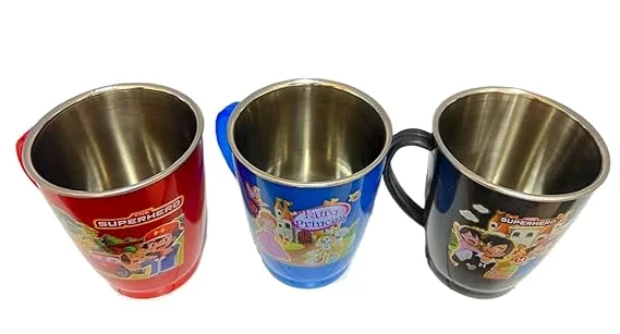 Tea Time Stainless Steel Double Wall Insulated Mug Set of 6 Multicolor Kids Cartoon Print Tea and Milk Cup Pack 2 Red 2 Blue 2 Black image 2
