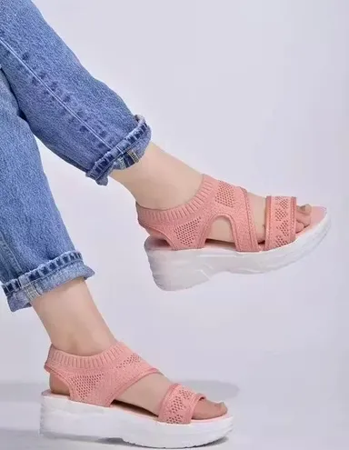 Women Breathable Knitted Platform Sandals Lightweight Casual Comfort Summer Slip On Stretch Fabric Wedge Sole Walking Sandals for Women Pink Open Toe Daily Wear Footwear Women Breathable Knitted Platform Sandals Lightweight Casual Comfort Summer Slip On S thumbnail 2