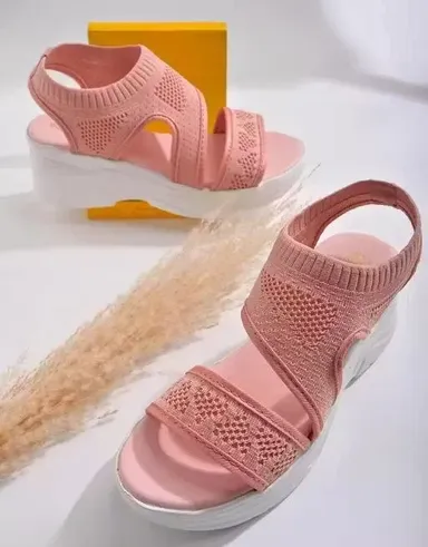 Women Breathable Knitted Platform Sandals Lightweight Casual Comfort Summer Slip On Stretch Fabric Wedge Sole Walking Sandals for Women Pink Open Toe Daily Wear Footwear Women Breathable Knitted Platform Sandals Lightweight Casual Comfort Summer Slip On S thumbnail 1