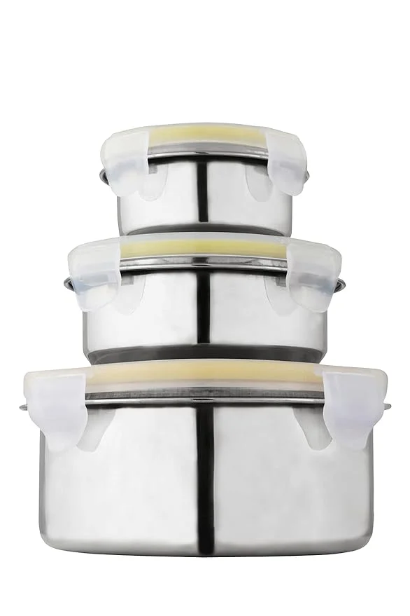 Stainless Steel Airtight and Leakproof Nesting Round Containers with Four-Sided Locking Lids Multipurpose Kitchen Storage Bowls for Food Prep and Travel Steel Airtight and Leakproof Nesting Round 1.5 L image 2
