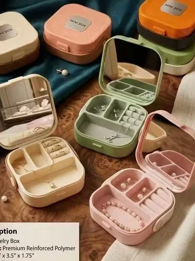 Mini Portable Jewellery Storage Box with Mirror Travel Jewellery Organiser Case Ring Earring Necklace Storage Box Compact Jewellery Organizer for Women image 1