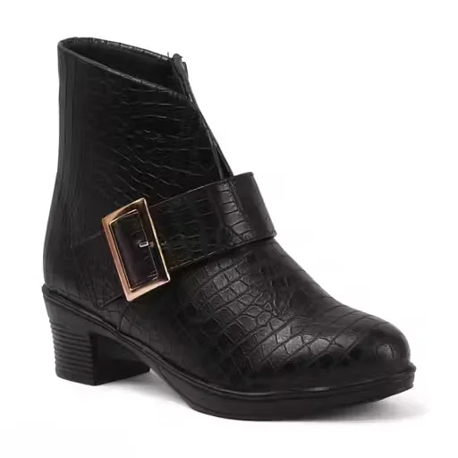 Women Black Croc Texture Block Heel Ankle Boots with Gold Buckle Strap Stylish Faux Leather Casual Formal Winter Fashion Boots for Women Office Party Streetwear Women Black Croc Texture Block Heel Ankle Boots with Gold Buckle Strap Stylish Faux Leather Ca image 3
