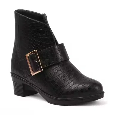 Women Black Croc Texture Block Heel Ankle Boots with Gold Buckle Strap Stylish Faux Leather Casual Formal Winter Fashion Boots for Women Office Party Streetwear Women Black Croc Texture Block Heel Ankle Boots with Gold Buckle Strap Stylish Faux Leather Ca thumbnail 2