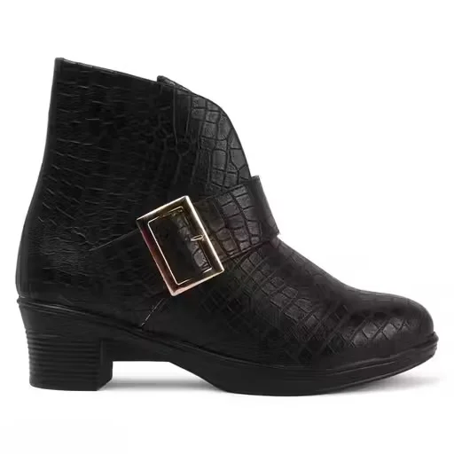 Women Black Croc Texture Block Heel Ankle Boots with Gold Buckle Strap Stylish Faux Leather Casual Formal Winter Fashion Boots for Women Office Party Streetwear Women Black Croc Texture Block Heel Ankle Boots with Gold Buckle Strap Stylish Faux Leather Ca image 4