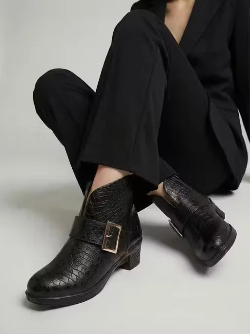 Women Black Croc Texture Block Heel Ankle Boots with Gold Buckle Strap Stylish Faux Leather Casual Formal Winter Fashion Boots for Women Office Party Streetwear Women Black Croc Texture Block Heel Ankle Boots with Gold Buckle Strap Stylish Faux Leather Ca image 1