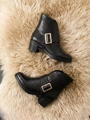 Women Black Croc Texture Block Heel Ankle Boots with Gold Buckle Strap Stylish Faux Leather Casual Formal Winter Fashion Boots for Women Office Party Streetwear Women Black Croc Texture Block Heel Ankle Boots with Gold Buckle Strap Stylish Faux Leather Ca thumbnail 1