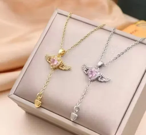 Angel Wings Heart Crystal Pendant Necklace for Women Gold Silver Chain Necklace Romantic Heart Pendant Jewellery Gift for Girls Fashion Necklace image 1