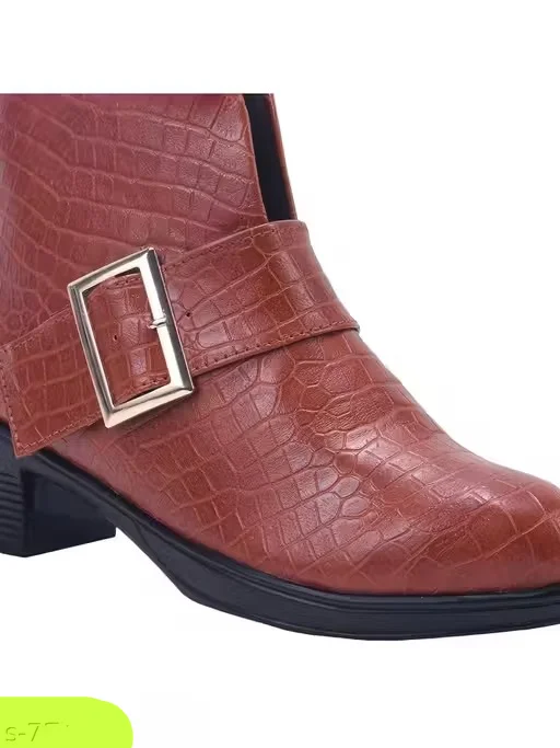Women Brown Crocodile Texture Block Heel Ankle Boots with Gold Buckle Strap Zip Closure Comfortable Casual Fashion Winter Boots for Women Office Party Daily Wear Women Brown Crocodile Texture Block Heel Ankle Boots with Gold Buckle Strap Zip Closure Comfo image 2