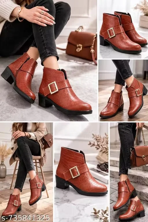 Women Brown Crocodile Texture Block Heel Ankle Boots with Gold Buckle Strap Zip Closure Comfortable Casual Fashion Winter Boots for Women Office Party Daily Wear Women Brown Crocodile Texture Block Heel Ankle Boots with Gold Buckle Strap Zip Closure Comfo image 1