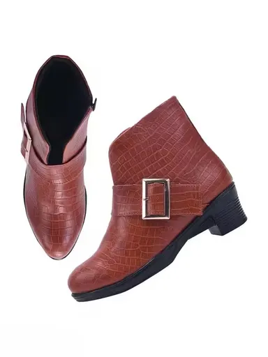 Women Brown Crocodile Texture Block Heel Ankle Boots with Gold Buckle Strap Zip Closure Comfortable Casual Fashion Winter Boots for Women Office Party Daily Wear Women Brown Crocodile Texture Block Heel Ankle Boots with Gold Buckle Strap Zip Closure Comfo thumbnail 3