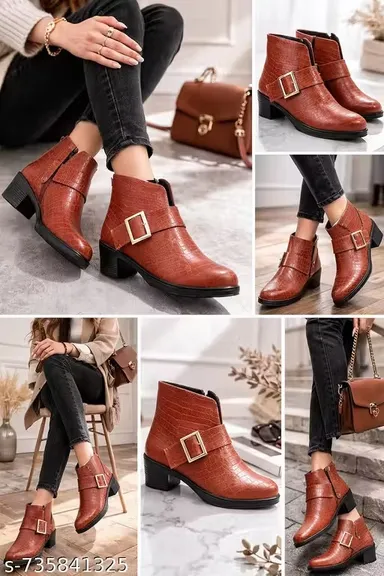 Women Brown Crocodile Texture Block Heel Ankle Boots with Gold Buckle Strap Zip Closure Comfortable Casual Fashion Winter Boots for Women Office Party Daily Wear Women Brown Crocodile Texture Block Heel Ankle Boots with Gold Buckle Strap Zip Closure Comfo thumbnail 0