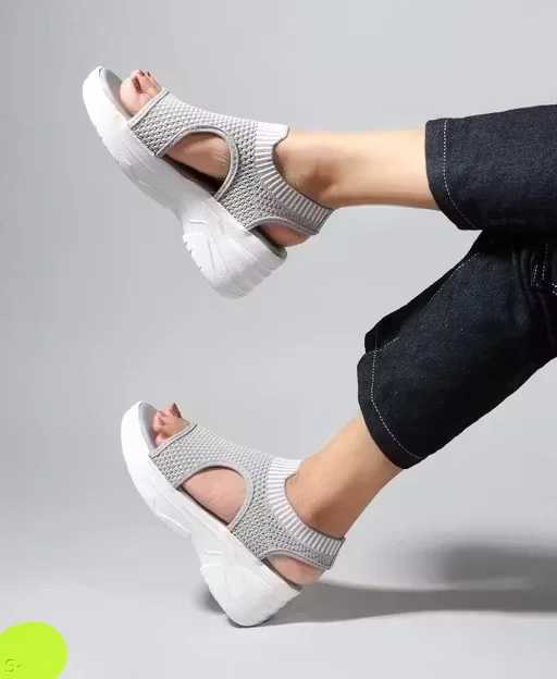 Women Lightweight Breathable Knit Platform Sandals Open Toe Casual Walking Slip On Summer Comfort Sandals Thick Sole Fashion Ladies Outdoor Travel Footwear Grey Women Lightweight Breathable Knit Platform Sandals Open Toe Casual Walking Slip On Summer Comf image 1