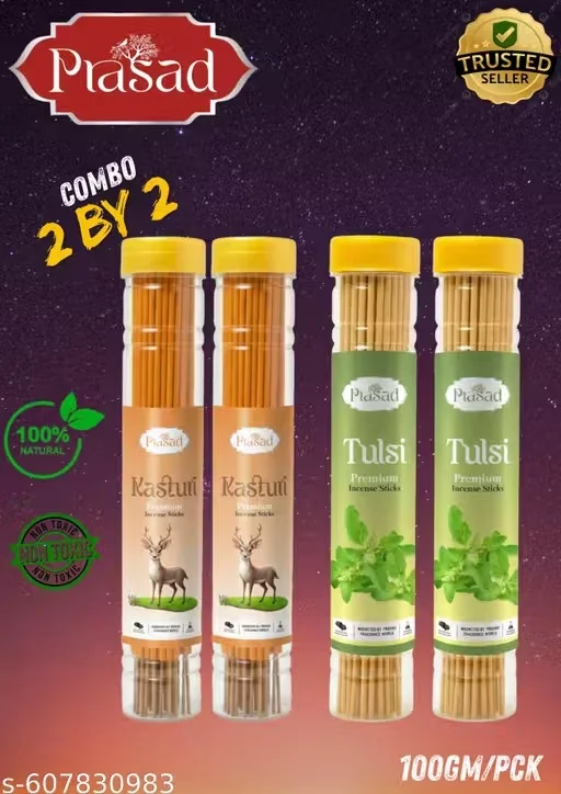 Prasad Premium Incense Sticks Agarbatti Combo Pack Kashmiri and Tulsi Fragrance Aromatic Puja Incense Sticks for Home Temple Meditation image 2