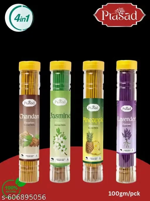 Prasad Premium Incense Sticks Agarbatti Combo Pack Chandan Jasmine Pineapple Lavender Fragrance Aromatic Puja Incense Sticks for Home Temple Meditation image 2